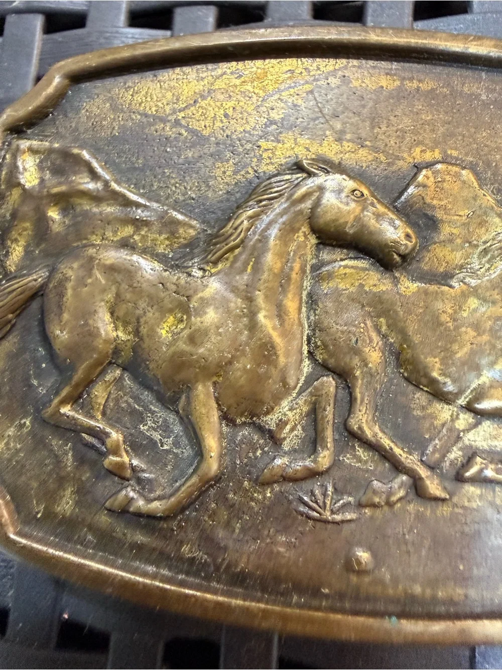 BTS Solid Brass Belt Buckle Running Wild Horses Western Vintage 1978 Made USA